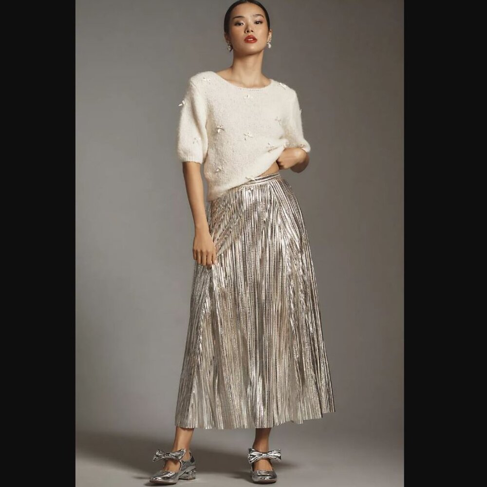 Anthropologie | Metallic Pleated Midi Skirt | Silver, size 12